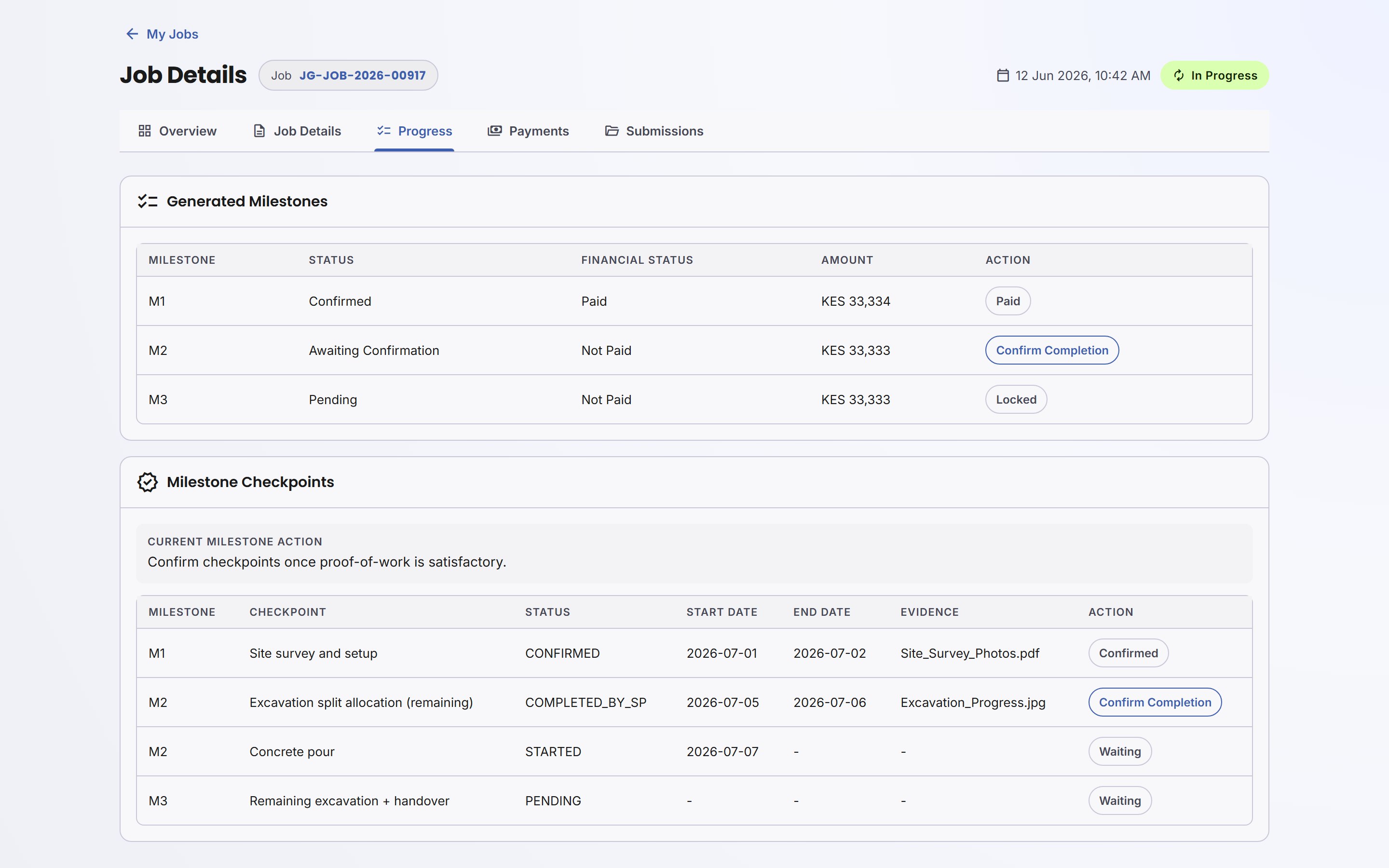The progress tab of a JaGedo job, showing milestones, checkpoints and evidence